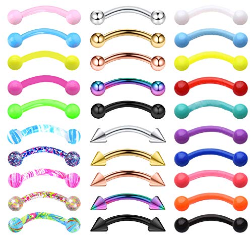 20-48Pcs 16G Eyebrow Piercing Rook Curved Barbell Kit Eyebrow Tragus Lip Rings for Women Men 8-10mm - color: H: 30pcs 10mm