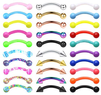 20-48Pcs 16G Eyebrow Piercing Rook Curved Barbell Kit Eyebrow Tragus Lip Rings for Women Men 8-10mm - color: H: 30pcs 10mm