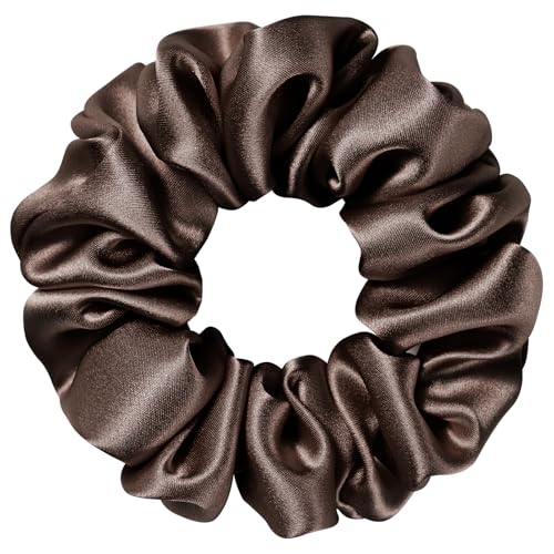 Silk Scrunchie 1.4" Medium Wide 6A 22 Momme 100% Mulberry Silk Hair Ties,Gentle on Hair No Damage No Crease for Women Girls Curly Thick Wavy Hair,Sample Fabric Provided (1, Brown) - color: Brown