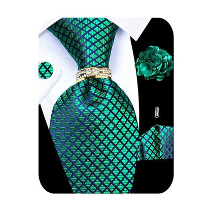 5PCS Mens Silk Tie, Pocket Square, Cufflinks, Drilled Tie Ring and Lapel Pin Set for Wedding Groom Party - color: Green Tie Set -61