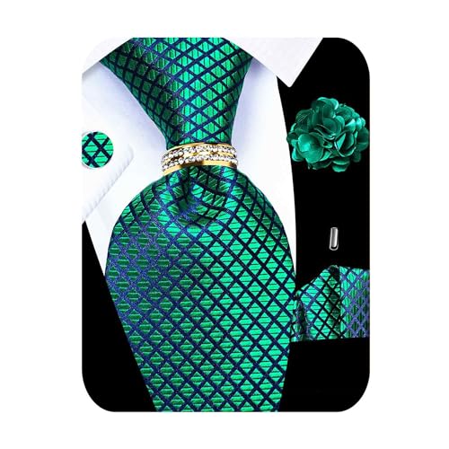 5PCS Mens Silk Tie, Pocket Square, Cufflinks, Drilled Tie Ring and Lapel Pin Set for Wedding Groom Party - color: Green Tie Set -61