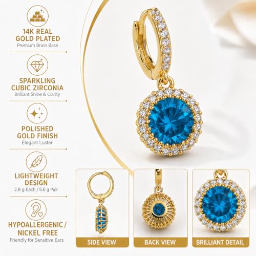 14K Gold Plated Hoop Dangle Earrings for Women, Hypoallergenic Colorful Cubic Zirconia Drop Earrings, Lightweight Huggie Earrings for Women - color: Gold/Aquamarine Blue