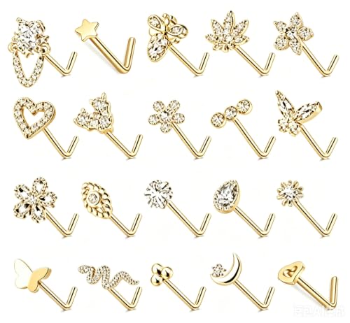 20Pcs L Shaped Nose Studs Set, Stainless Steel & Copper Zircon Inlaid Nose Piercing Jewelry Mixed Flower Moon Snake Heart Star Tiny Nose Pins Unisex for Nostril Piercings - color: gold