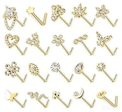 20Pcs L Shaped Nose Studs Set, Stainless Steel & Copper Zircon Inlaid Nose Piercing Jewelry Mixed Flower Moon Snake Heart Star Tiny Nose Pins Unisex for Nostril Piercings - color: gold