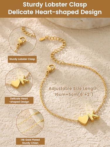KeyStyle Initial Heart Bracelet for Women Waterproof Stainless Steel Chain | 14K Gold Plated /Silver A-Z Letter Adjustable Charm Bracelet, Hypoallergenic Non Tarnish Dainty Gift for Everyday Wear - color: 14K Gold Plated-A