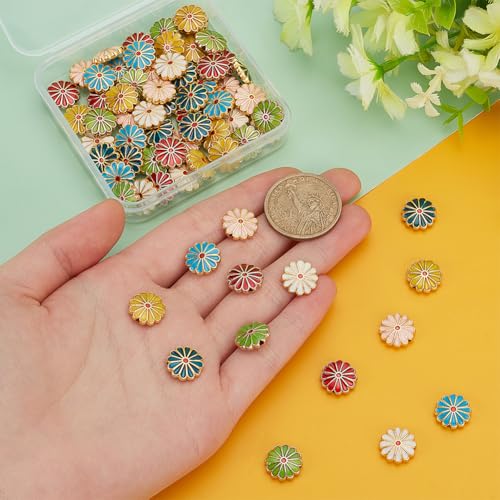 PH PandaHall 7 Colors Flower Enamel Beads 70pcs Daisy Spacer Beads 12mm Floral Bracelets Beads Metal Loose Beads Craft Beads for DIY Jewelry Making Friendship Bracelet Necklace Earring Supplies