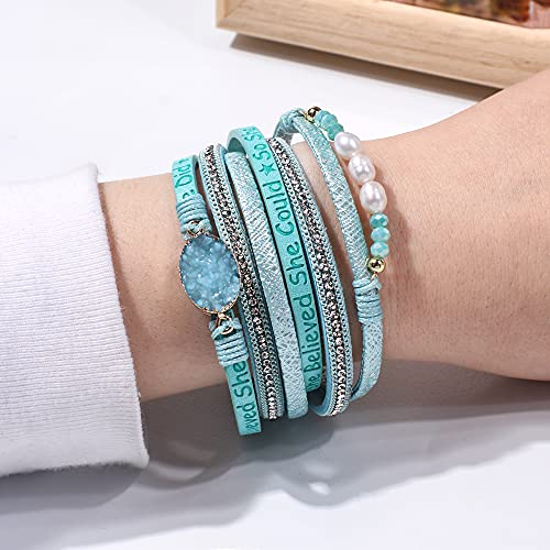Artilady Leather Wrap Bracelet for Women, Pearl Beaded Bangle Stack Jewelry | Easy on-off, Elegant Handmade Multi-Layered, Daily Casual Date Beach Vacation, Gift for Ladies, Mother, Sister & Friend - style: So She Did, Blue