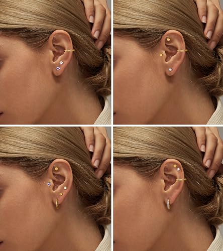LOLIAS Hypoallergenic Flat Back Earrings for Women-Surgical Steel Earrings for Sensitive Ears 20G Stainless Steel Earring Stacks Small Flatback Stud Hoop Cartilage Earring - color: 14K Gold Plated