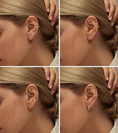 LOLIAS Hypoallergenic Flat Back Earrings for Women-Surgical Steel Earrings for Sensitive Ears 20G Stainless Steel Earring Stacks Small Flatback Stud Hoop Cartilage Earring - color: 14K Gold Plated