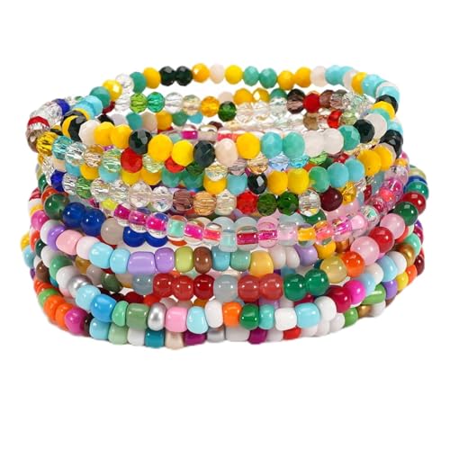 Caiyao 12Pcs Bohemia Multilayer Resin Seed Beaded Stackable Bracelets Colorful Crystal Glass Beads Stretch Bracelet BFF Friendship Elastic Wristbands for Women Men Summer Beach Boho Vacation Jewelry - color: Colorful