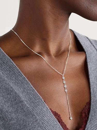 Foxgirl Lariat Gold Necklace for Women, Dainty Long Necklace 14k Gold Plated/Silver Y-Shaped Pendant Necklace Trendy Layered Cz Beaded Chain Drop Necklaces Simple Gold Jewelry For Women Gift - color: Y CZ Lariat Necklace-SL