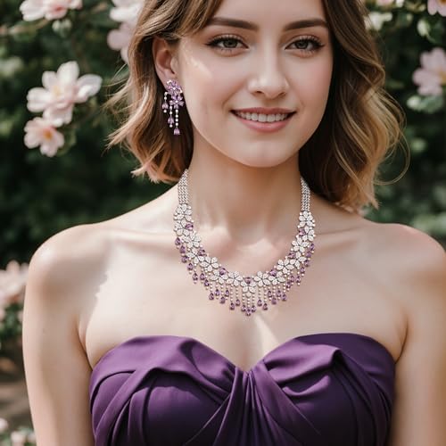 EVER FAITH Bridal Jewelry for Bride Bridesmaid, Elegant Cubic Zirconia Birthstone Cluster Flower Teardrop Wedding Party Necklace Dangle Earrings Sets for Women - color: Purple