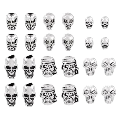 Elecrelive 28Pcs Antique Silver Skull Beads Halloween Skeleton Head Beads 7 Styles Gothic Charms for Necklace Bracelets Earrings Jewelry Making - color: Tibetan Silver