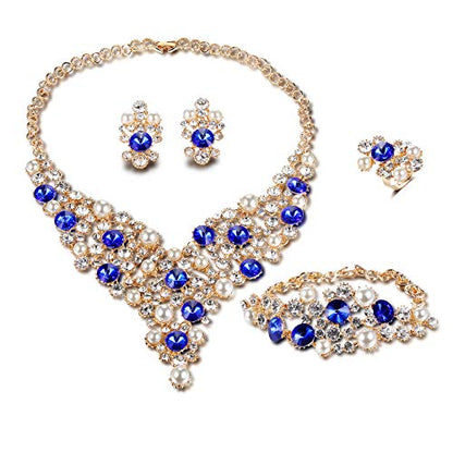 Womens Luxury Africa Dubai 18k Gold Plated Jewelry Sets Wedding Rhinestone Crystal Bib Statement Necklace Earrings Set for Brides Party Prom - color: Luxurious Pearl Crystal Jewelry Set