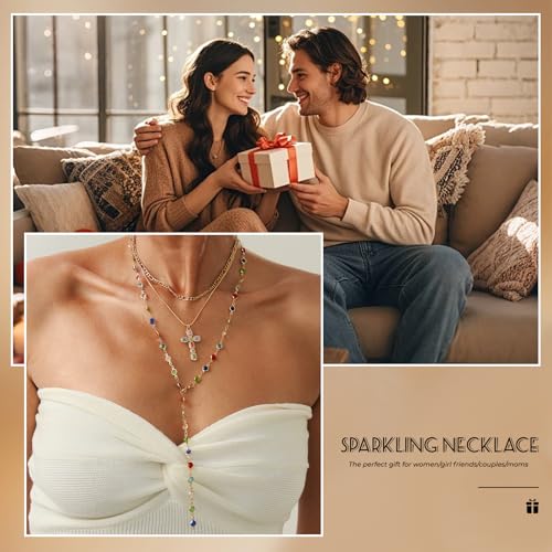Layered Cross Necklace Set for Women, Layered Choker Necklaces Trendy Jewelry, Colorful Enamel Beaded Y-Shaped Lariat Necklace, Boho Multilayer Cross Necklace for Party and Daily Wear - color: Gold-08