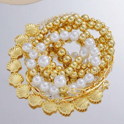 7-Piece Beaded Seashell Scallop Faux Pearl Bracelet Set, Elegant Stackable Hand Jewelry for Women - color: Gold, size: One Size