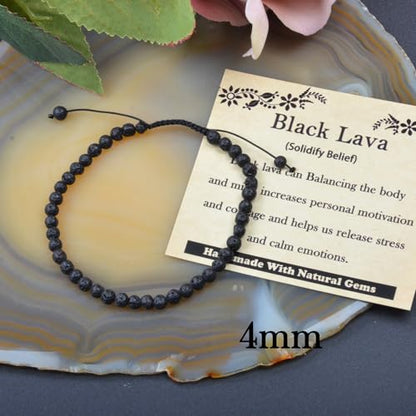 468Handmade Adjustable Natural Gemstone Crystal Bracelet Healing Power Energy Inspirational Gifts with Card for Unisex - color: 06-Black Lava(Solidify Belief), size: 4mm
