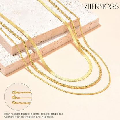 3PCS Gold Necklaces for Women,Chunky Statement Gold Plated Necklace Stack Layered Sterling Silver Herringbone Chains for Women Dainty Trendy Silver Chains Stacked Jewelry Gifts - color: gold chunky necklace set