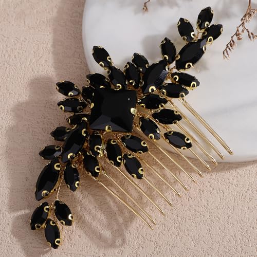 Square Rhinestone Hair Comb Silver Gold Rhinestone Wedding Headpiece Handmade Crystal Bridal Hair Comb Bridal Hairpiece for Brides Bridesmaid (gold black) - color: gold black