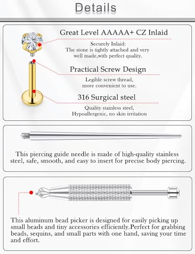 18G 16G 14G Lip Labret Medusa Nose Rings Studs Flat Back Earrings Internally Threaded 316L Surgical Steel Cartilage Tragus Helix Conch Earrings Piercing Jewelry for Women Men 6mm 8mm 10mm - color: 14G - Gold-6/8/10mm Bars-Grabber Tool