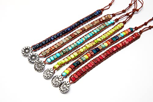 7 Chakra Bracelet Bohemian Handmade Leather Wrap Healing Protection Natural Stone Yoga Beaded Bracelets Boho Friendship Jewelry - color: Navy Blue Turquoise