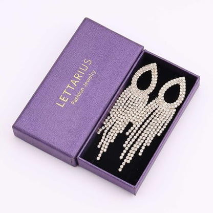 Rhinestone Teardrop Tassel Earrings Sparkly Crystal Bridal Party Jewelry for Women - color: 14K Gold Plated