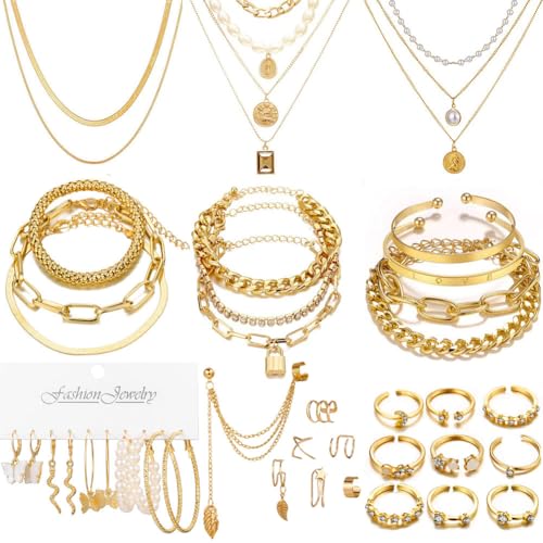 60 PCS Gold Jewelry Set with Multi-Layered Bracelet Necklace, Dangle Earrings, Stackable Ring For Women Valentine Anniversary Jewelry Pack Gifts For Her - color: A-GOLD