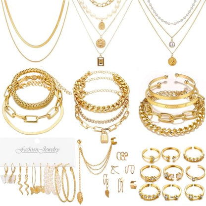 60 PCS Gold Jewelry Set with Multi-Layered Bracelet Necklace, Dangle Earrings, Stackable Ring For Women Valentine Anniversary Jewelry Pack Gifts For Her - color: A-GOLD