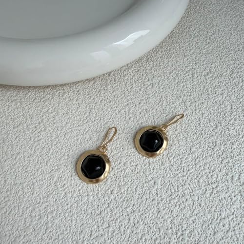 Gold Earrings for Women Dainty Stone Round Dangle Drop Earrings Colorful Resin Beaded Black White Pink Blue Dangle Drop Earrings Statement Gift - color: Black Earrings