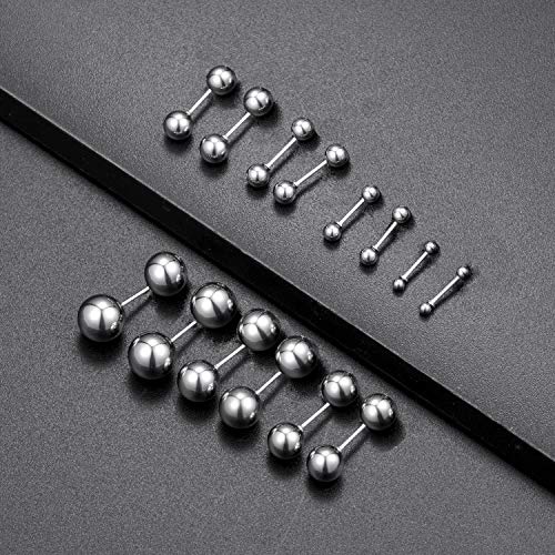14 Pairs Stainless Steel Ball Stud Earrings Barbell Cartilage Tragus Helix Ear Piercing For Men Women 2-8mm Silver Black - style: A:Ball,7 Pairs Black and 7 Pairs Silver