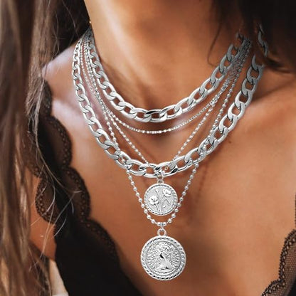 MJartoria Gold Layered Necklaces for Women Trendy Retro Birthflower Coin Pendant Necklace Dainty Chunky Chain Choker Necklaces for Jewelry Birthday Gifts - color: Silvery, style: August Birthflower