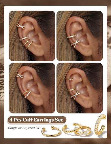 LOLIAS 925 Sterling Silver Ear Cuffs Non Piercing - 14K Gold Plated Ear Cuff Earrings for Women Adjustable Clip on Cartialge Earrings Non Pierced Fake Earring Stacks - color: 14K Gold-Cross Style