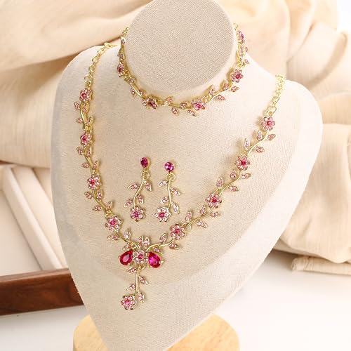 Women's Wedding Jewelry Set for Bride,Prom Bridal Accessories | Bling Crystal,Flower Leaf Cluster,Dangle Earrings Pendant Necklace Set,for Bridesmaid,Party Jewellery - color: 3Pcs-Pink Gold-Plated-Base