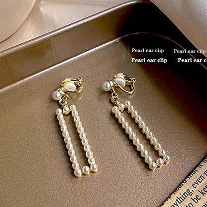 Pearl Clip on Earrings for Women Drop Clip Earrings for Women Gold Plated White Imitation Pearl Earrings Fashion - color: Rectangle Pearl