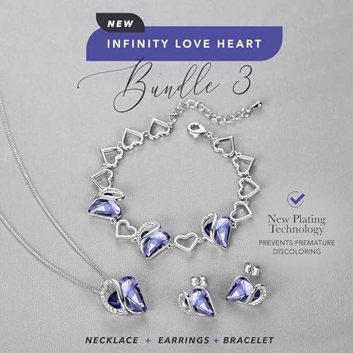 Leafael Necklace Gift Set for Women, Infinity Love Birthstone Heart Pendant with Matching Earrings and Bracelet, for Mom and Wife, Silver Plated - color: 02b-Set-February-Tanzanite Purple