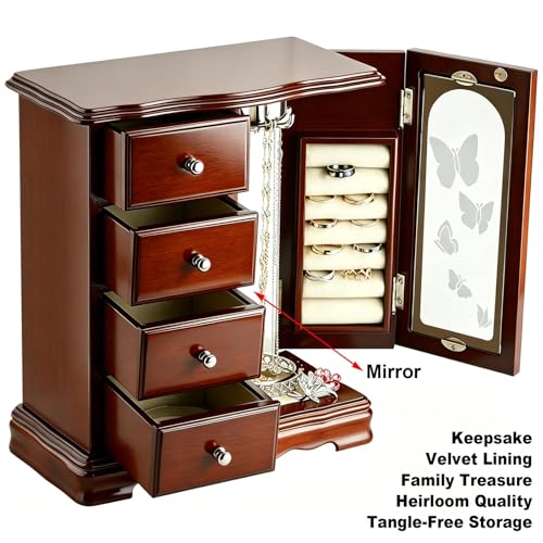 RR ROUND RICH DESIGN Solid Wood Jewelry Box Brown | Large Organizer with 4 Drawers, Built-in Necklace Carousel & Large Mirror - style: Fashion Brown