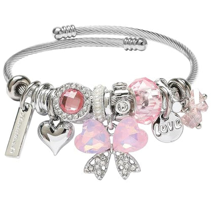 DS Charm Bracelets for girls,exquisite cute cartoon friendship bracelets Silver Stainless Steel Bangle with birthday Gift box, Adjustable girls jewelry Suitable for holiday gifts - style: Silver-pink butterfly 3