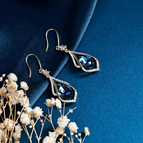 Gold Sapphire Dangle Earrings for Women Teardrop Birthstone Zirconia Earrings Royal Blue Sparkle Rhinestone Crystal Jewelry