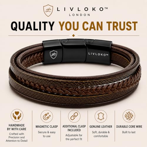 LONDON Mens Bracelet Leather Black Multi-Layer Stone Beads Adjustable Steel Clasp Viking Rope Bands Surfer Man Wristband Male UK Jewellery Gift box Boyfriend Dad Son Brother Tiger Eye - color: D. 19-22cm Brown Leather Adjustable, size: Medium to Large 20-