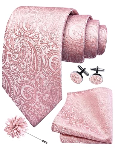 GUSLESON 3.15"（8cm） Mens Tie and Lapel Pin Paisley Necktie Hankerchief Cufflinks Set for Men - color: Dusty Rose