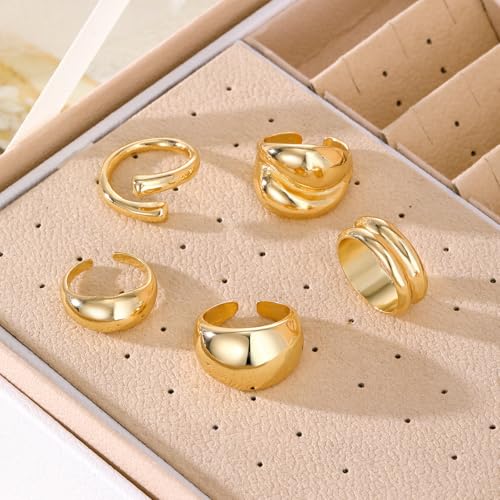 Chunky Rings for Women Non Tarnish 14k Stackable Dome Statement Rings Sets Vintage Dainty Knuckle Open Midi Finger Rings Jewelry Pack Gifts - style: 5PCS-2
