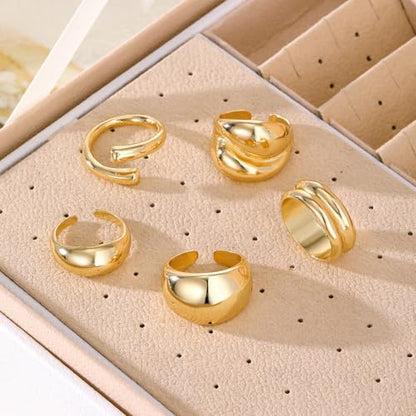 Chunky Rings for Women Non Tarnish 14k Stackable Dome Statement Rings Sets Vintage Dainty Knuckle Open Midi Finger Rings Jewelry Pack Gifts - style: 5PCS-2