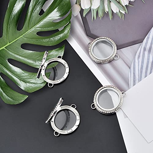 WANDIC Rhinestone Photo Charm, 4Pcs Round Shaped Double Buckle Crystal Photo Pendant Bridal Wedding Bouquet Charms Memory Lockets for 2 Pictures