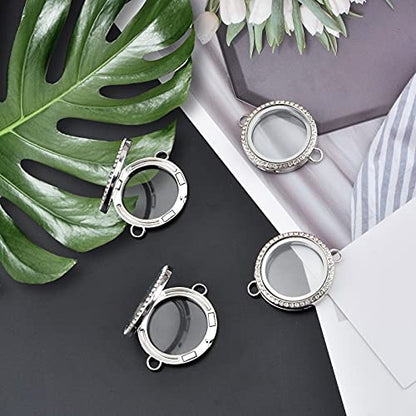 WANDIC Rhinestone Photo Charm, 4Pcs Round Shaped Double Buckle Crystal Photo Pendant Bridal Wedding Bouquet Charms Memory Lockets for 2 Pictures