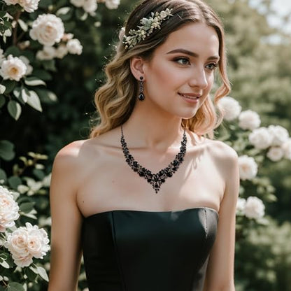 Women's Wedding Statement Necklace Dangle Earring Jewelry | Austrian Crystal Teardrop Cluster,Necklaces Earrings Set for Bride Bridesmaid,Prom Accessories - color: 02-Black Black-Tone