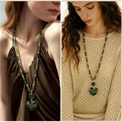 Yomisa Long Necklaces for Women Trendy, 33/34/35 inch | Boho Beaded Necklaces for Women, Natural Stone Pendant, Handmade Knotted Bead, Bohemian Holiday Summer Western Charm Jewelry - color: Love-Green