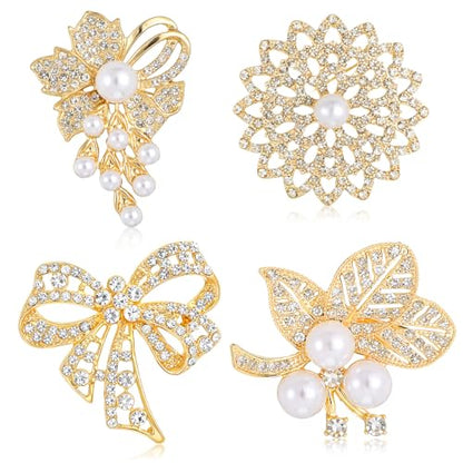 4pcs Brooches and Pins for Women, Flower Brooch, Crystal Pearl Brooch, for Women Fashion Accessories - style: bow