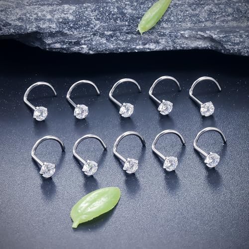 ASTM F136 Titanium Nose Rings 18G 20G 22G Clear Cubic Zirconia Nose Studs Ring Screw L-Shaped Bone Hypoallergenic Body Piercing Jewelry for Women 1.5mm 2mm 2.5mm 3mm 10PCS - style: Screw:22G(0.6mm)-3mm CZ