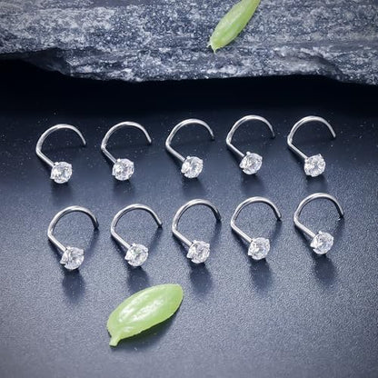 ASTM F136 Titanium Nose Rings 18G 20G 22G Clear Cubic Zirconia Nose Studs Ring Screw L-Shaped Bone Hypoallergenic Body Piercing Jewelry for Women 1.5mm 2mm 2.5mm 3mm 10PCS - style: Screw:22G(0.6mm)-3mm CZ