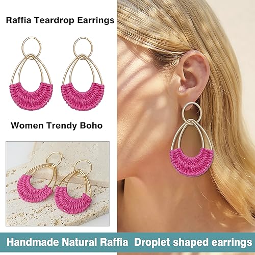 Raffia Hoop Earrings for Women Fun Boho Summer Beach Earrings Lightweight Handmade Straw Wicker Rattan Dangle Earrings Statement Geometric Round Drop Earrings - color: Hot Pink - Teardrop